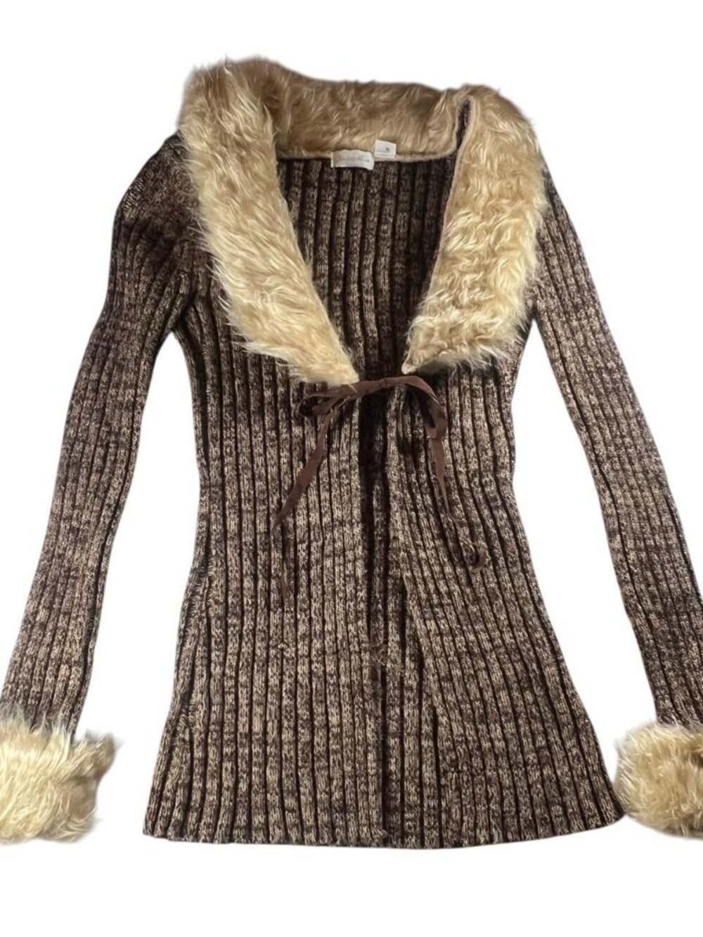 Vintage Charlotte Russe Brown Fur Trim Ribbed Knit Cardigan